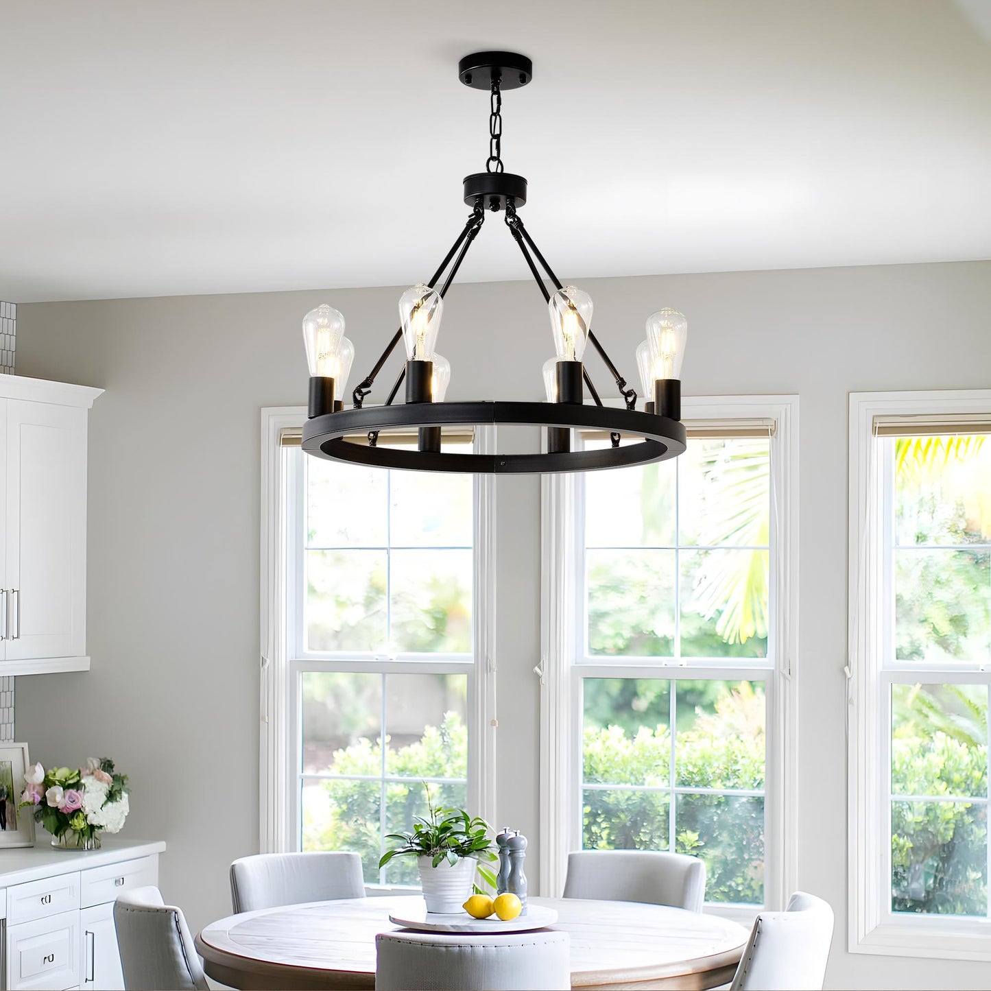 8-Light (No Bulbs) Matte Black Wagon Wheel Chandelier Farmhouse Modern Small  Round Chandelier for Living Room Kitchen Island Foyer Hallway Entryway Bedroom  Dining Room Light Fixture Ceiling Hanging