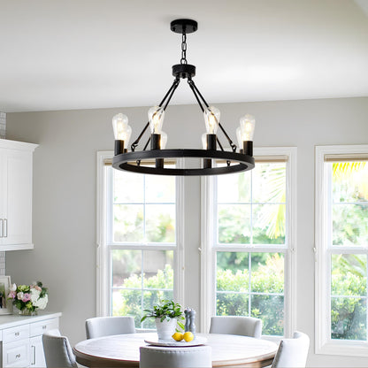 8-Light (No Bulbs) Matte Black Wagon Wheel Chandelier Farmhouse Modern Small  Round Chandelier for Living Room Kitchen Island Foyer Hallway Entryway Bedroom  Dining Room Light Fixture Ceiling Hanging