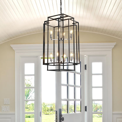 18" Modern 8-Light Black & Chrome Geometric Pendant Chandelier, Industrial Metal Frame, Adjustable Hanging Light for Living Room, Dining Room, Kitchen (No Bulbs)