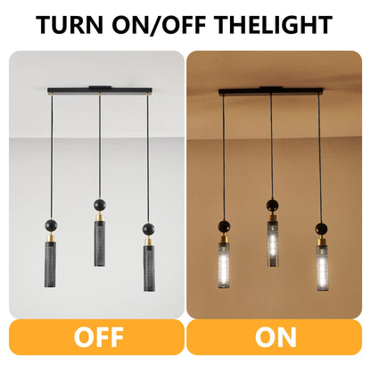 25" Modern Black and Gold 3-Light Pendant Chandelier, Adjustable Hanging Lights with Cylindrical Mesh Shades, E26 Base, Ideal for Dining Room, Kitchen Island, or Living Room Lighting (No Bulbs)