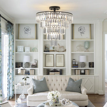 20" Black Crystal Chandelier Ceiling Light, Modern Luxury 10-Light Flush Mount Light Fixture, Elegant Home Lighting for Living Room, Dining Room, Bedroom (No Bulbs)
