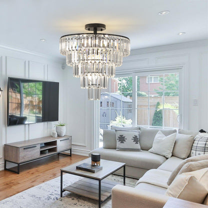 20" Black Crystal Chandelier Ceiling Light, Modern Luxury 10-Light Flush Mount Light Fixture, Elegant Home Lighting for Living Room, Dining Room, Bedroom (No Bulbs)