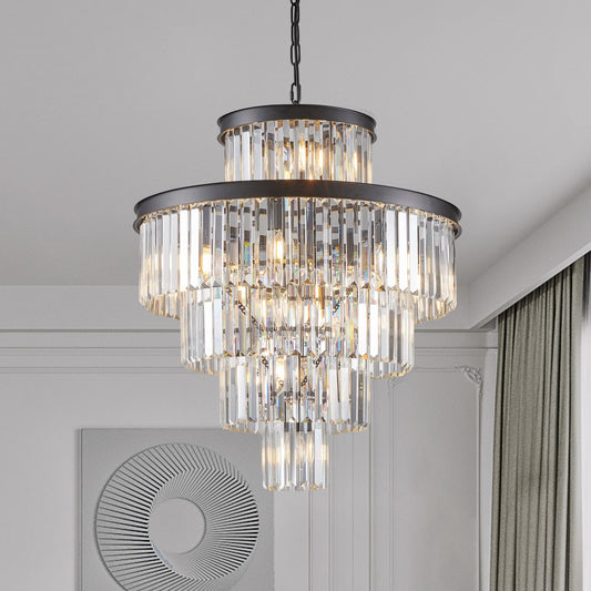 24" Luxury Crystal Chandelier with Black Finish – Elegant 15-Light 5 Tier Pendant Light Fixture for Living Room, Dining Room, or Entryway (Bulb Not Included)
