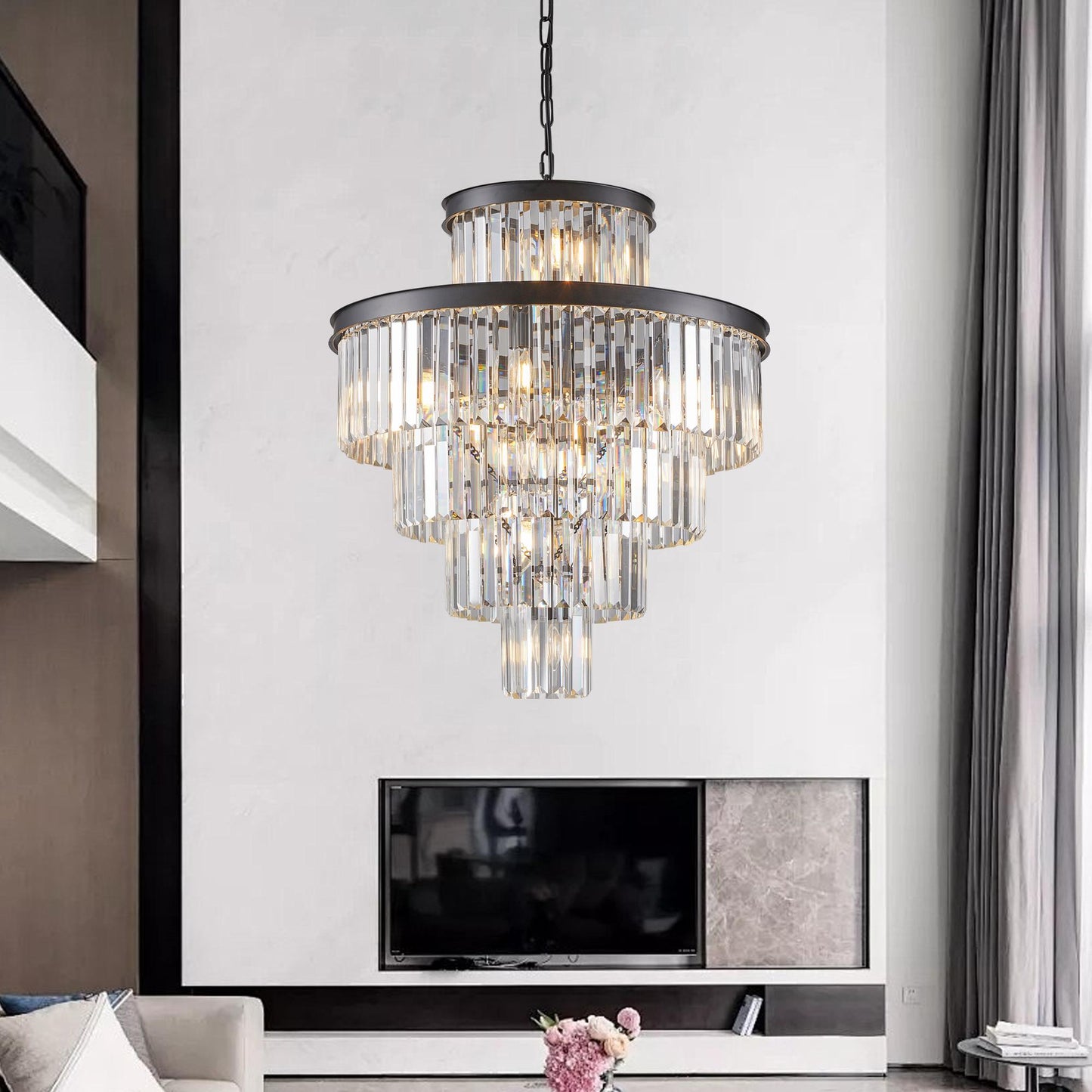 24" Luxury Crystal Chandelier with Black Finish – Elegant 15-Light 5 Tier Pendant Light Fixture for Living Room, Dining Room, or Entryway (Bulb Not Included)