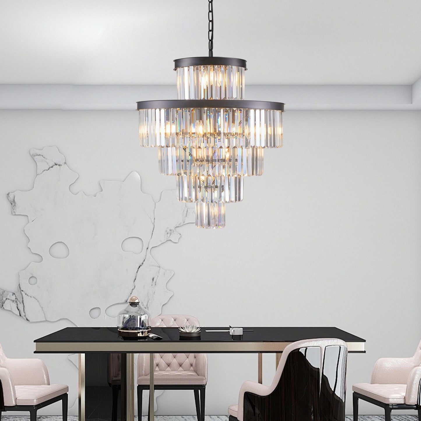 24" Luxury Crystal Chandelier with Black Finish – Elegant 15-Light 5 Tier Pendant Light Fixture for Living Room, Dining Room, or Entryway (Bulb Not Included)
