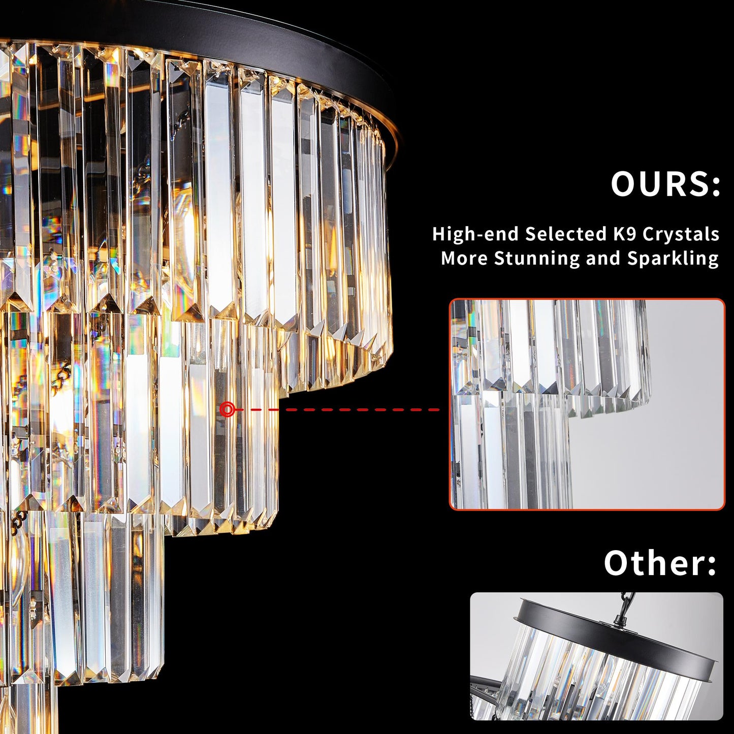 24" Luxury Crystal Chandelier with Black Finish – Elegant 15-Light 5 Tier Pendant Light Fixture for Living Room, Dining Room, or Entryway (Bulb Not Included)