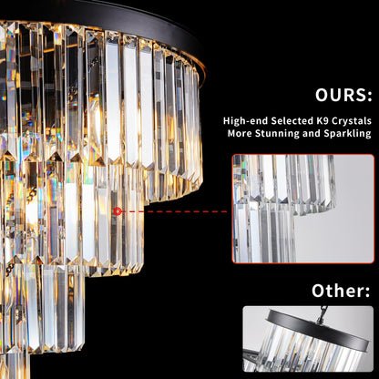 24" Luxury Crystal Chandelier with Black Finish – Elegant 15-Light 5 Tier Pendant Light Fixture for Living Room, Dining Room, or Entryway (Bulb Not Included)