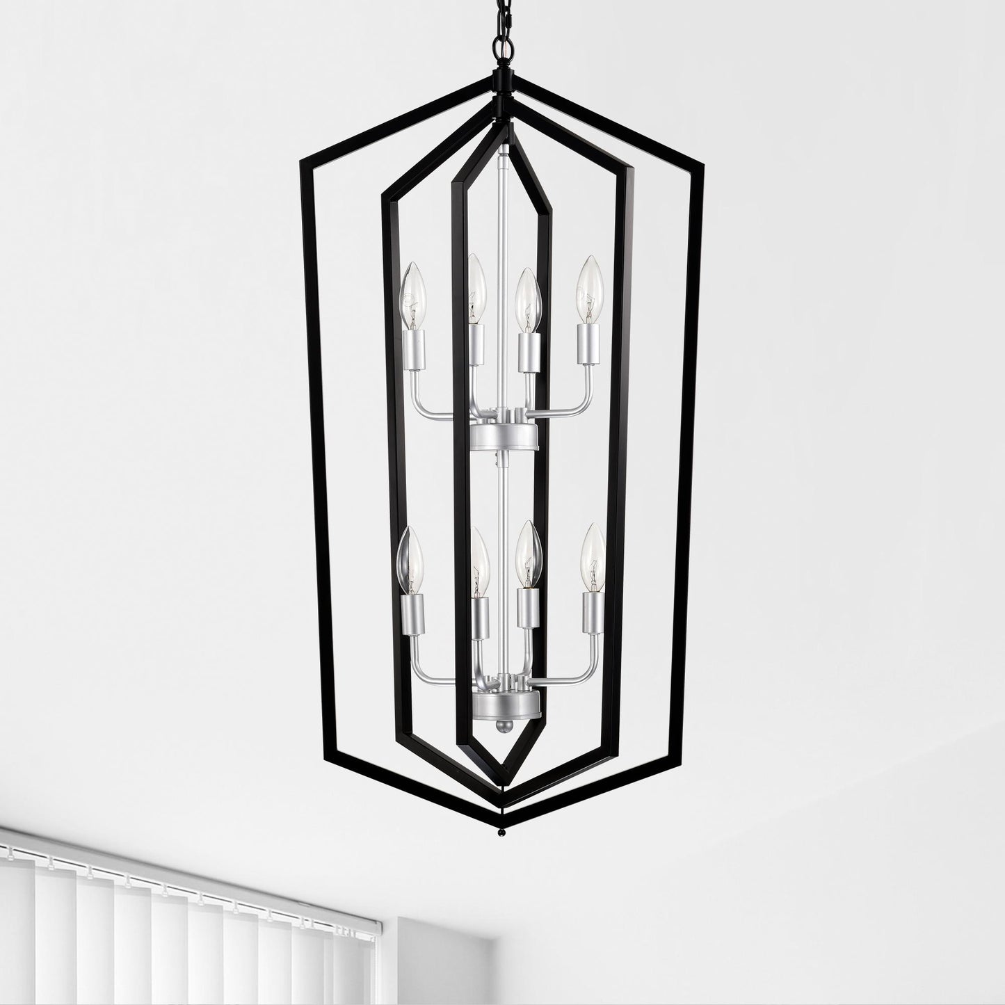8-Light  Farmhouse Kitchen Chandeliers, Matte Black and Sliver Vintage Rustic Cage Light Fixture Adjustable Height  Chandeliers for Dining Room Hallway Foyer Entryway(E12 Bulbs Not Included)