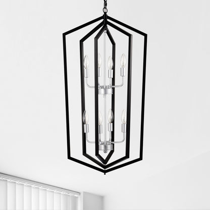 8-Light  Farmhouse Kitchen Chandeliers, Matte Black and Sliver Vintage Rustic Cage Light Fixture Adjustable Height  Chandeliers for Dining Room Hallway Foyer Entryway(E12 Bulbs Not Included)