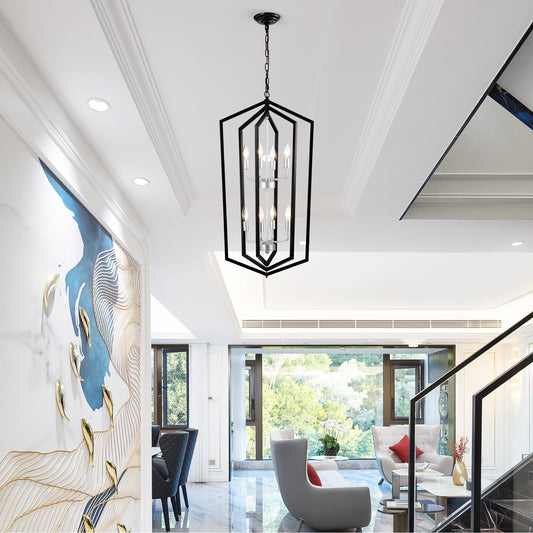 8-Light  Farmhouse Kitchen Chandeliers, Matte Black and Sliver Vintage Rustic Cage Light Fixture Adjustable Height  Chandeliers for Dining Room Hallway Foyer Entryway(E12 Bulbs Not Included)