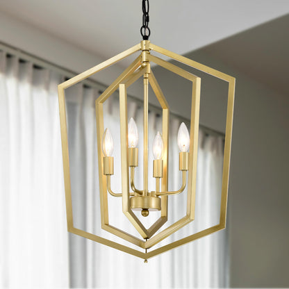 4-Light  Farmhouse Kitchen Chandeliers,  Vintage  Cage Light Fixture Adjustable Height  Chandeliers for Dining Room Hallway Foyer Entryway(E12 Bulbs Not Included)--GOLD+MATTE BLACK