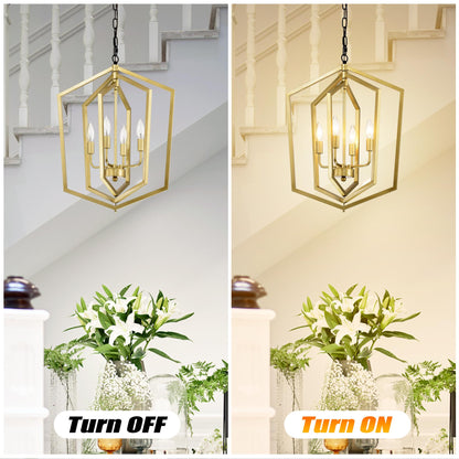 4-Light  Farmhouse Kitchen Chandeliers,  Vintage  Cage Light Fixture Adjustable Height  Chandeliers for Dining Room Hallway Foyer Entryway(E12 Bulbs Not Included)--GOLD+MATTE BLACK