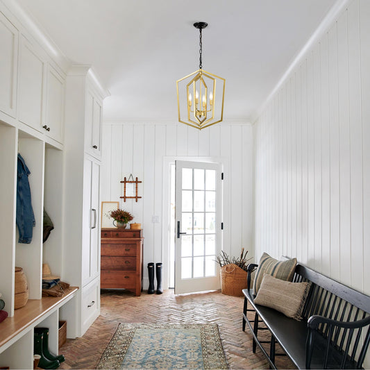 4-Light  Farmhouse Kitchen Chandeliers,  Vintage  Cage Light Fixture Adjustable Height  Chandeliers for Dining Room Hallway Foyer Entryway(E12 Bulbs Not Included)--GOLD+MATTE BLACK