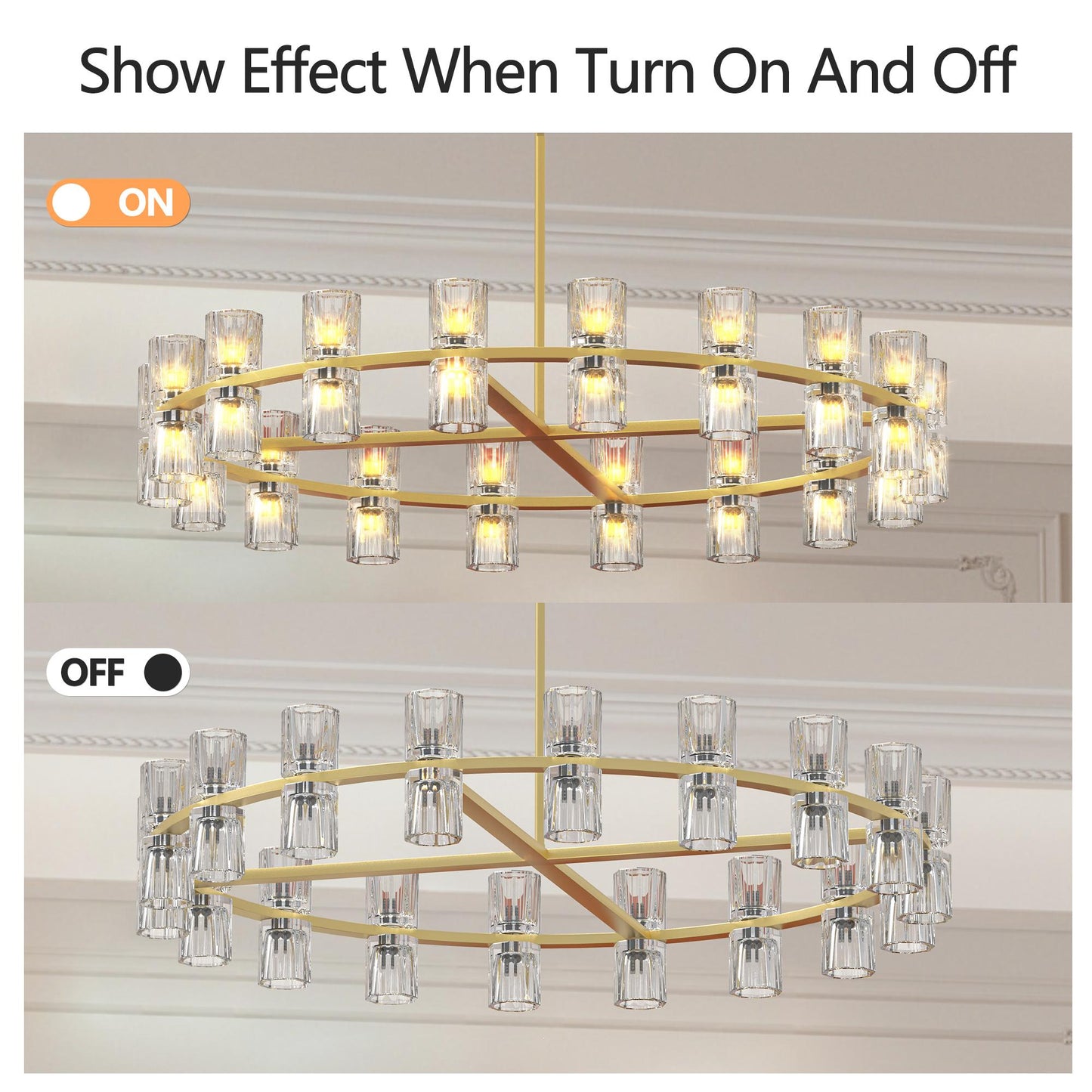 Modern 36" Gold Round Chandelier Light Fixture, K9 Crystal Chandeliers for Dining Room, Living Room, Dining Room Chandeliers Over Table, Chandelier for Bedroom, Foyer, Includes 36XG4 Bulbs