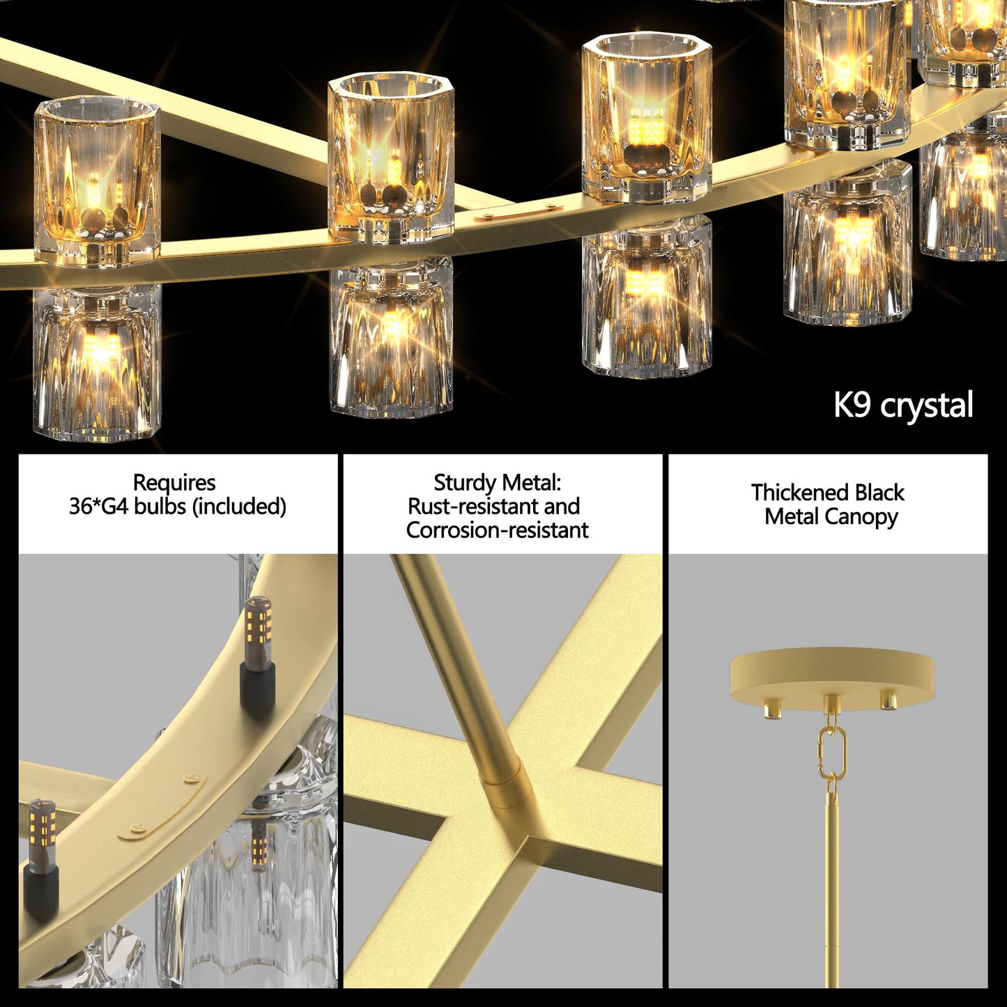 Modern 36" Gold Round Chandelier Light Fixture, K9 Crystal Chandeliers for Dining Room, Living Room, Dining Room Chandeliers Over Table, Chandelier for Bedroom, Foyer, Includes 36XG4 Bulbs