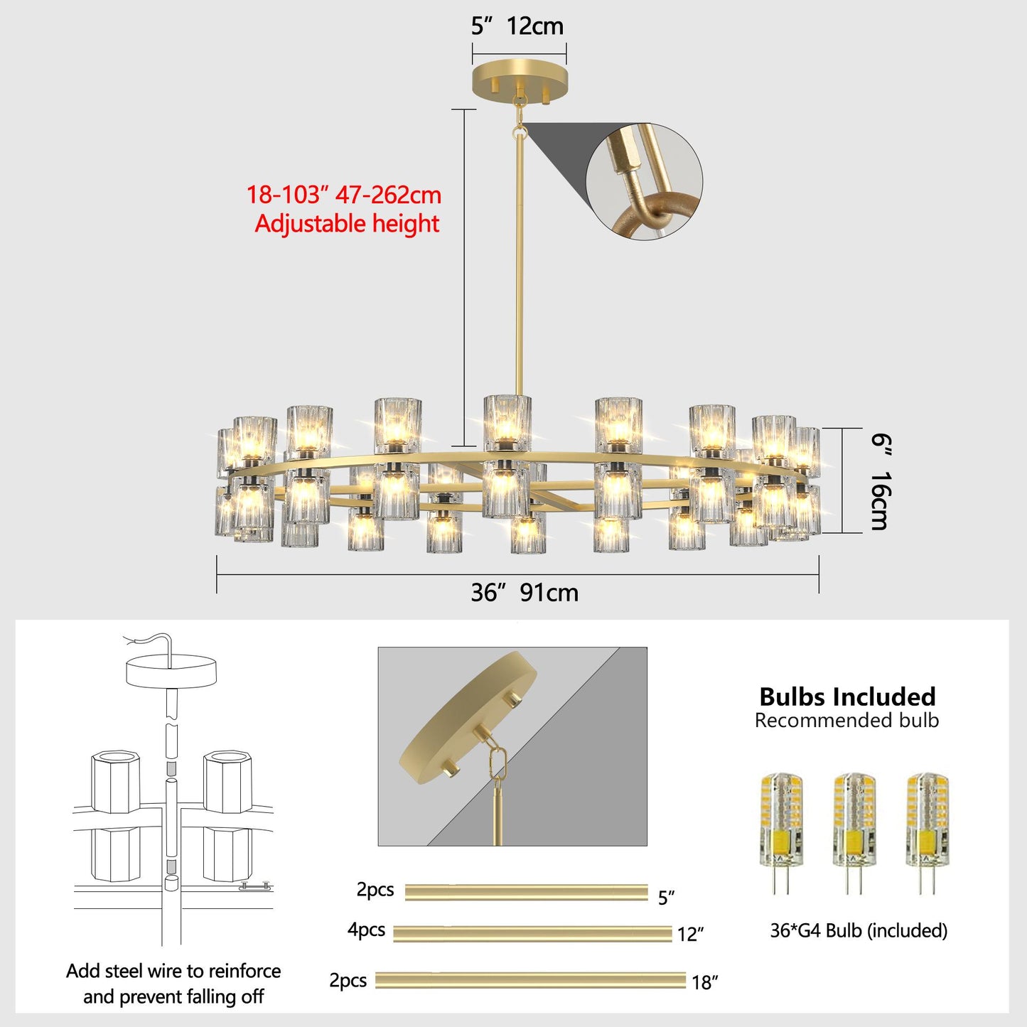 Modern 36" Gold Round Chandelier Light Fixture, K9 Crystal Chandeliers for Dining Room, Living Room, Dining Room Chandeliers Over Table, Chandelier for Bedroom, Foyer, Includes 36XG4 Bulbs