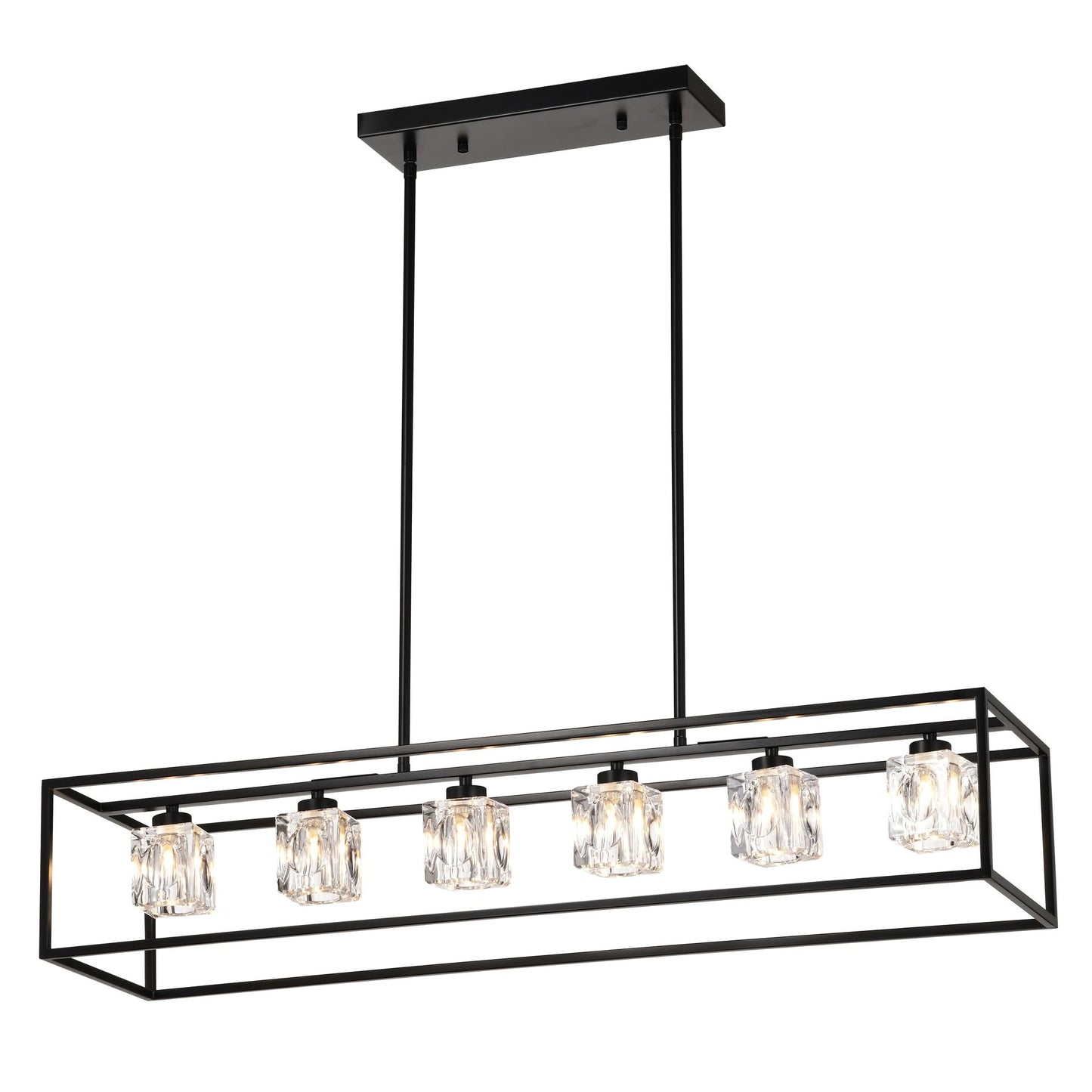 6-Light Farmhouse Chandelier, Modern Industrial Linear Rectangular Crystal Pendant Light Cage Chandelier for Dining Room,Kitchen Island, Bar, Long Table,G9*6 Bulbs Included