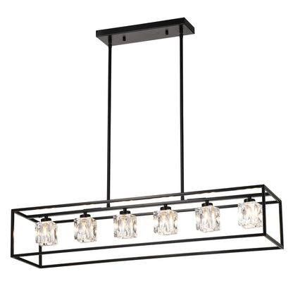 6-Light Farmhouse Chandelier, Modern Industrial Linear Rectangular Crystal Pendant Light Cage Chandelier for Dining Room,Kitchen Island, Bar, Long Table,G9*6 Bulbs Included