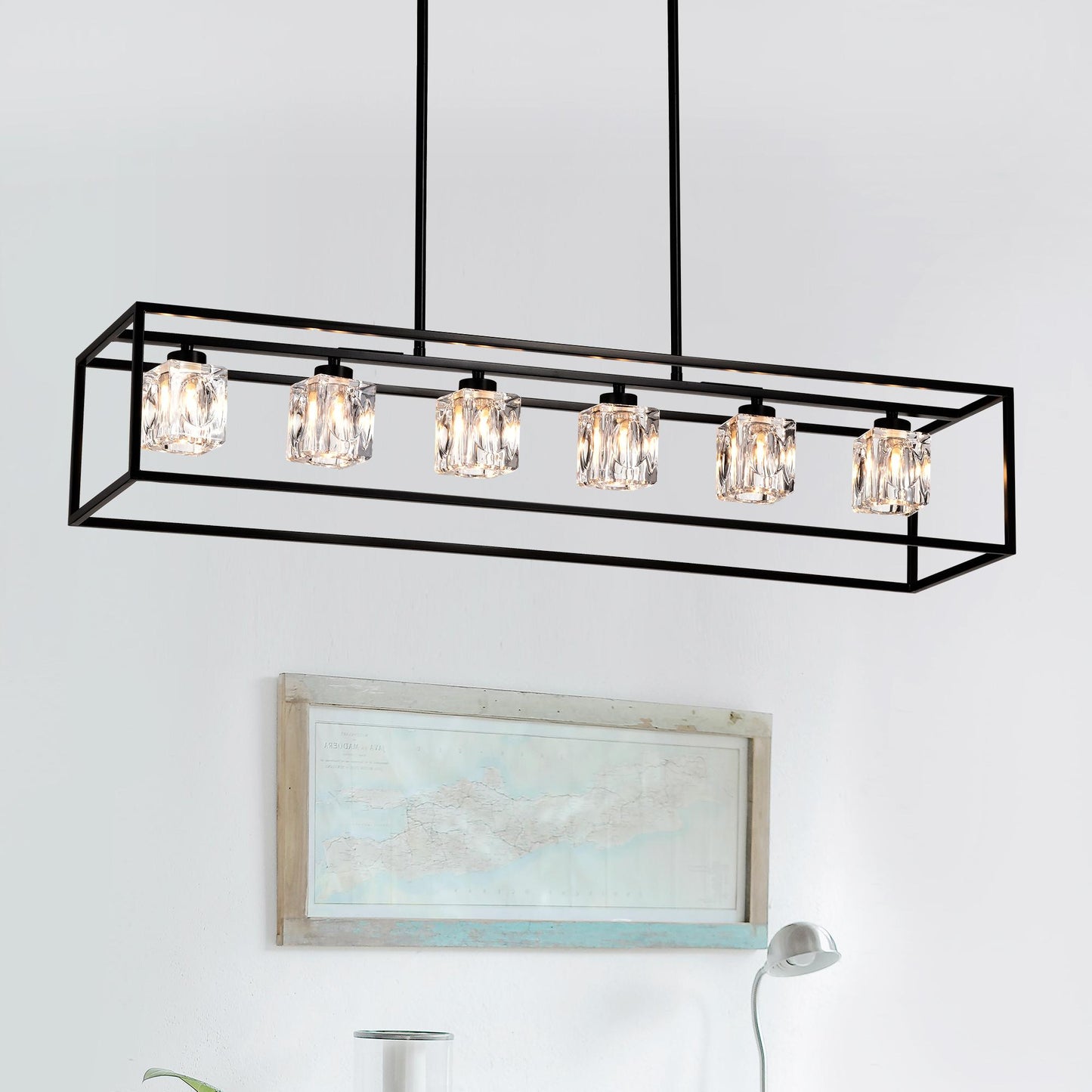 6-Light Farmhouse Chandelier, Modern Industrial Linear Rectangular Crystal Pendant Light Cage Chandelier for Dining Room,Kitchen Island, Bar, Long Table,G9*6 Bulbs Included