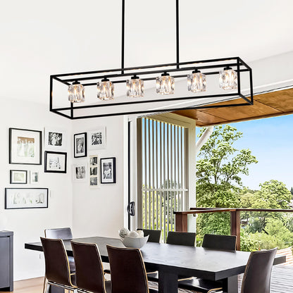6-Light Farmhouse Chandelier, Modern Industrial Linear Rectangular Crystal Pendant Light Cage Chandelier for Dining Room,Kitchen Island, Bar, Long Table,G9*6 Bulbs Included