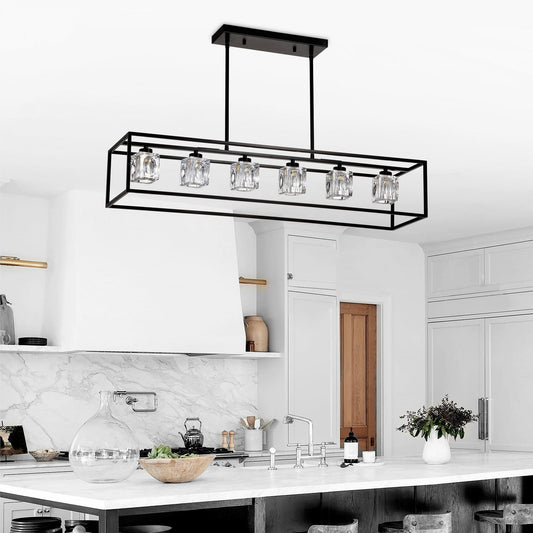 6-Light Farmhouse Chandelier, Modern Industrial Linear Rectangular Crystal Pendant Light Cage Chandelier for Dining Room,Kitchen Island, Bar, Long Table,G9*6 Bulbs Included