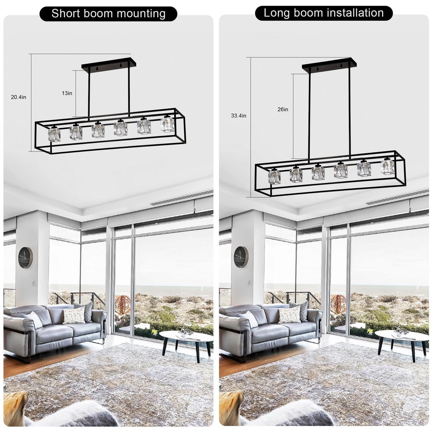 6-Light Farmhouse Chandelier, Modern Industrial Linear Rectangular Crystal Pendant Light Cage Chandelier for Dining Room,Kitchen Island, Bar, Long Table,G9*6 Bulbs Included