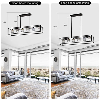 6-Light Farmhouse Chandelier, Modern Industrial Linear Rectangular Crystal Pendant Light Cage Chandelier for Dining Room,Kitchen Island, Bar, Long Table,G9*6 Bulbs Included