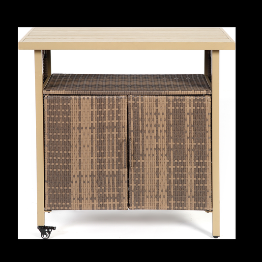 Outdoor Wicker Bar Cart, Patio Wine Serving Cart w/Wheels , Rolling Rattan Beverage Bar Counter Table w/Glass Top for Porch Backyard Garden Poolside Party, Light brown