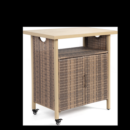 Outdoor Wicker Bar Cart, Patio Wine Serving Cart w/Wheels , Rolling Rattan Beverage Bar Counter Table w/Glass Top for Porch Backyard Garden Poolside Party, Light brown