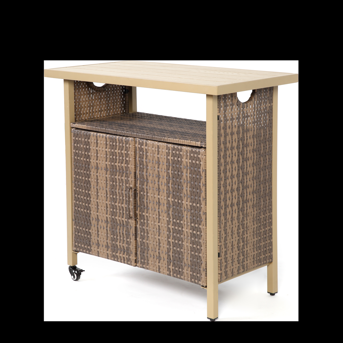 Outdoor Wicker Bar Cart, Patio Wine Serving Cart w/Wheels , Rolling Rattan Beverage Bar Counter Table w/Glass Top for Porch Backyard Garden Poolside Party, Light brown