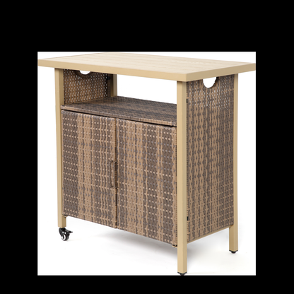 Outdoor Wicker Bar Cart, Patio Wine Serving Cart w/Wheels , Rolling Rattan Beverage Bar Counter Table w/Glass Top for Porch Backyard Garden Poolside Party, Light brown