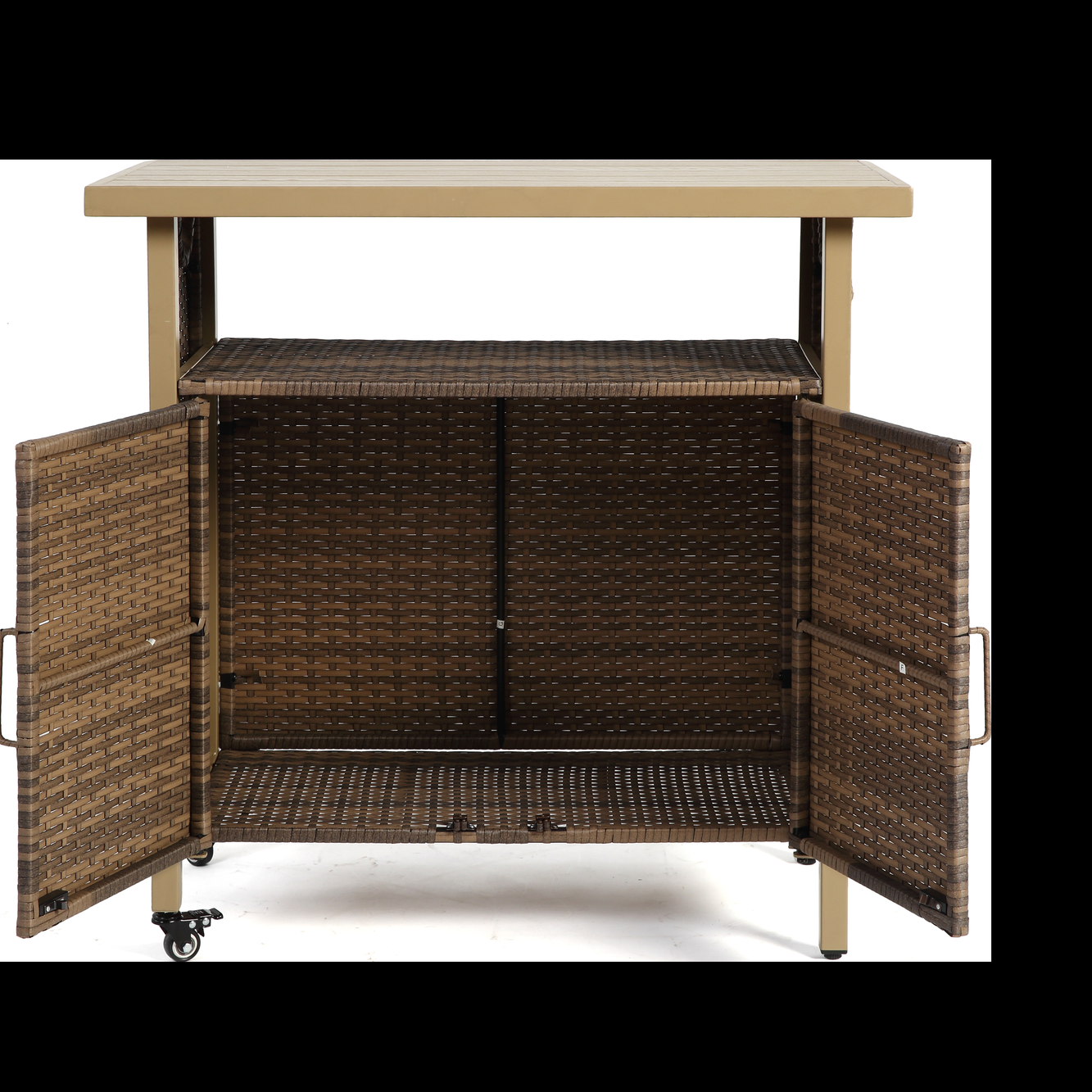 Outdoor Wicker Bar Cart, Patio Wine Serving Cart w/Wheels , Rolling Rattan Beverage Bar Counter Table w/Glass Top for Porch Backyard Garden Poolside Party, Light brown
