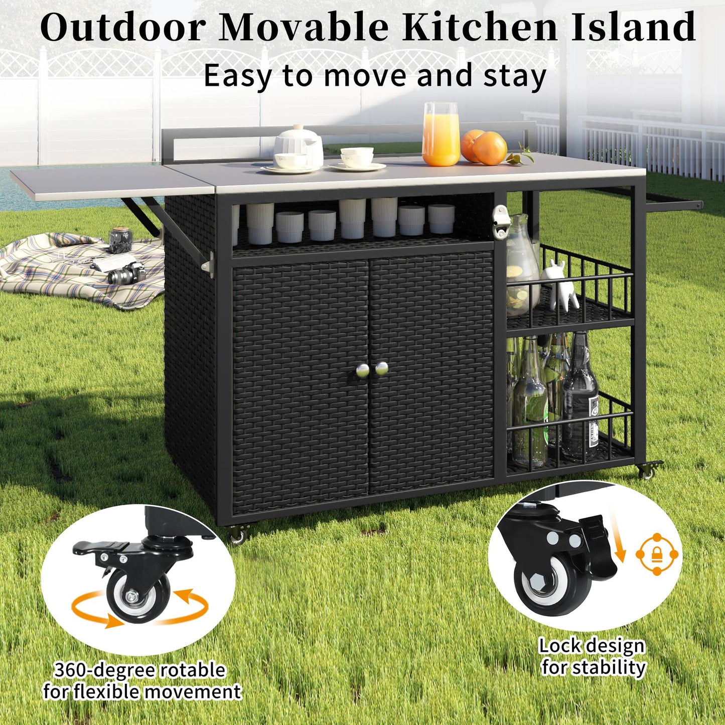 63.5" Outdoor Kitchen Island, Kitchen Storage Island, Cooking Station, Outdoor Grill Cart with Foldable Side Tabletop, Ample Storage Space, Bottle Opener for Outside BBQ, Patio, Backyard, Dark Brown