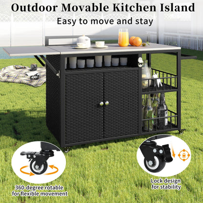 63.5" Outdoor Kitchen Island, Kitchen Storage Island, Cooking Station, Outdoor Grill Cart with Foldable Side Tabletop, Ample Storage Space, Bottle Opener for Outside BBQ, Patio, Backyard, Dark Brown