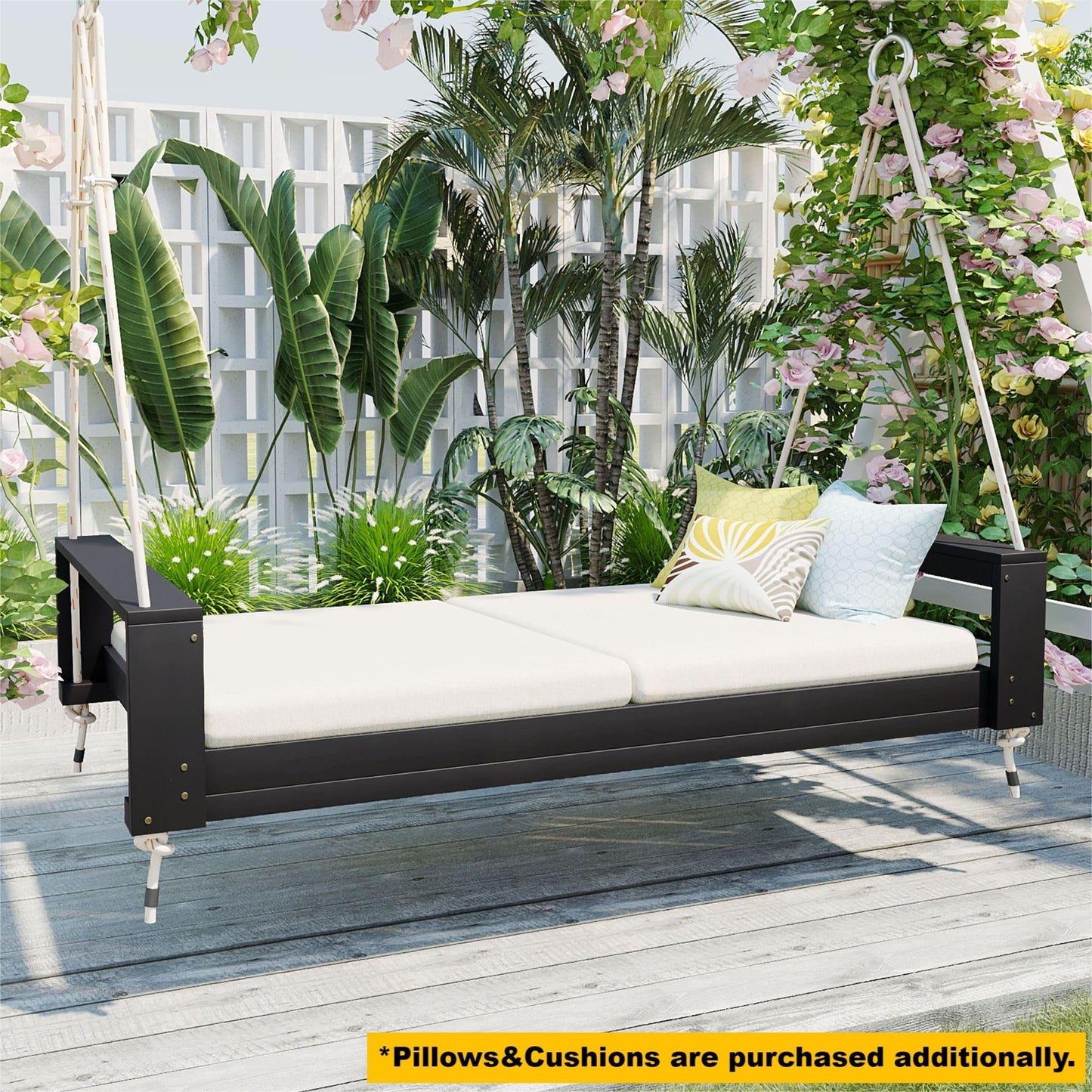 TOPMAX Twin Size Porch Swing Bed Seating Group, Patio Acacia Wood Swing Frame with Hemp Ropes for Garden, Backyard, Black