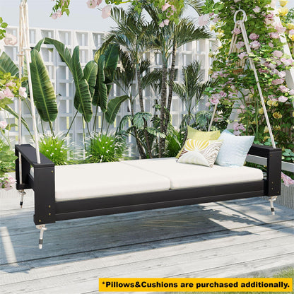 TOPMAX Twin Size Porch Swing Bed Seating Group, Patio Acacia Wood Swing Frame with Hemp Ropes for Garden, Backyard, Black