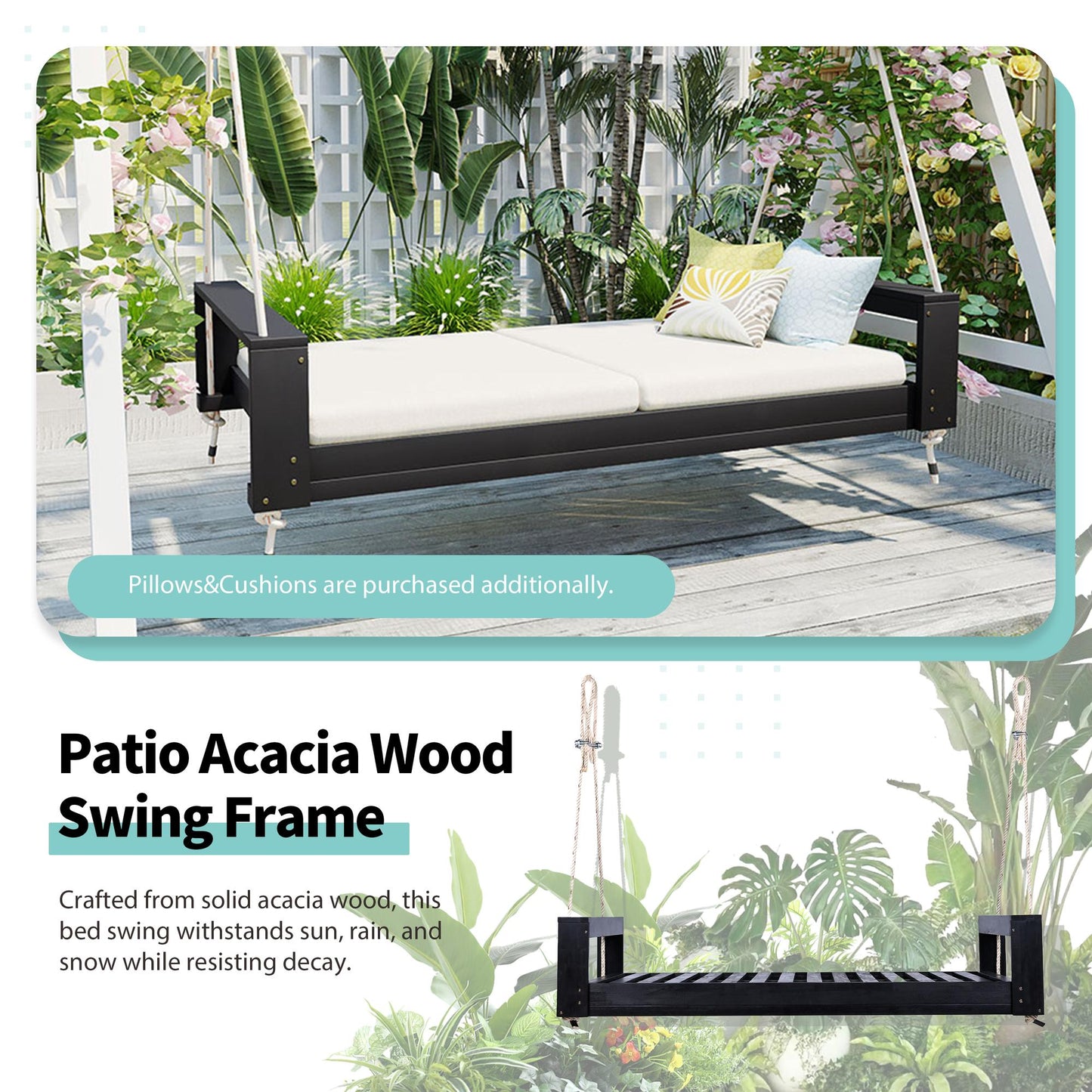 TOPMAX Twin Size Porch Swing Bed Seating Group, Patio Acacia Wood Swing Frame with Hemp Ropes for Garden, Backyard, Black