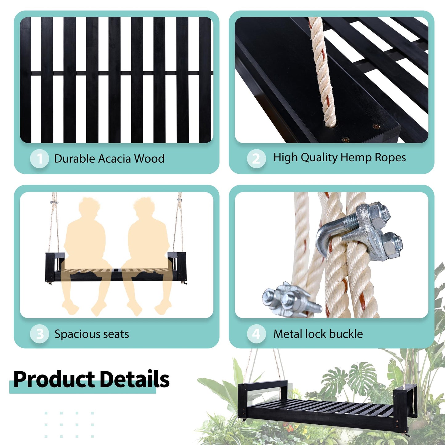 TOPMAX Twin Size Porch Swing Bed Seating Group, Patio Acacia Wood Swing Frame with Hemp Ropes for Garden, Backyard, Black