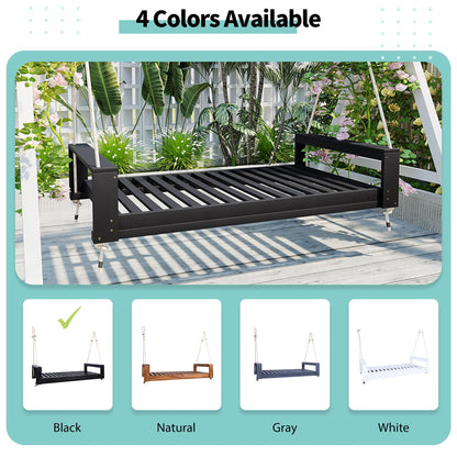 TOPMAX Twin Size Porch Swing Bed Seating Group, Patio Acacia Wood Swing Frame with Hemp Ropes for Garden, Backyard, Black