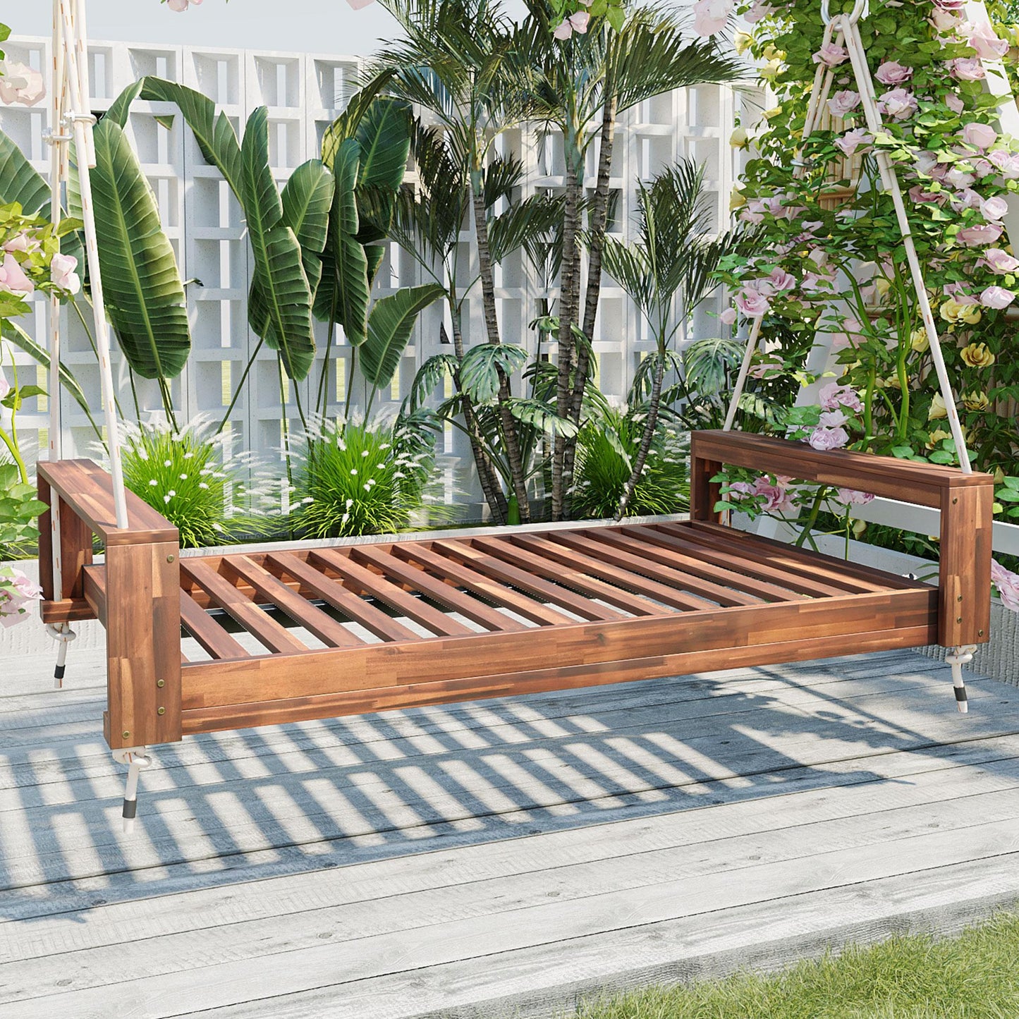 TOPMAX Twin Size Porch Swing Bed Seating Group, Patio Acacia Wood Swing Frame with Hemp Ropes for Garden, Backyard, Natural