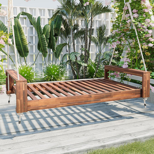 TOPMAX Twin Size Porch Swing Bed Seating Group, Patio Acacia Wood Swing Frame with Hemp Ropes for Garden, Backyard, Natural