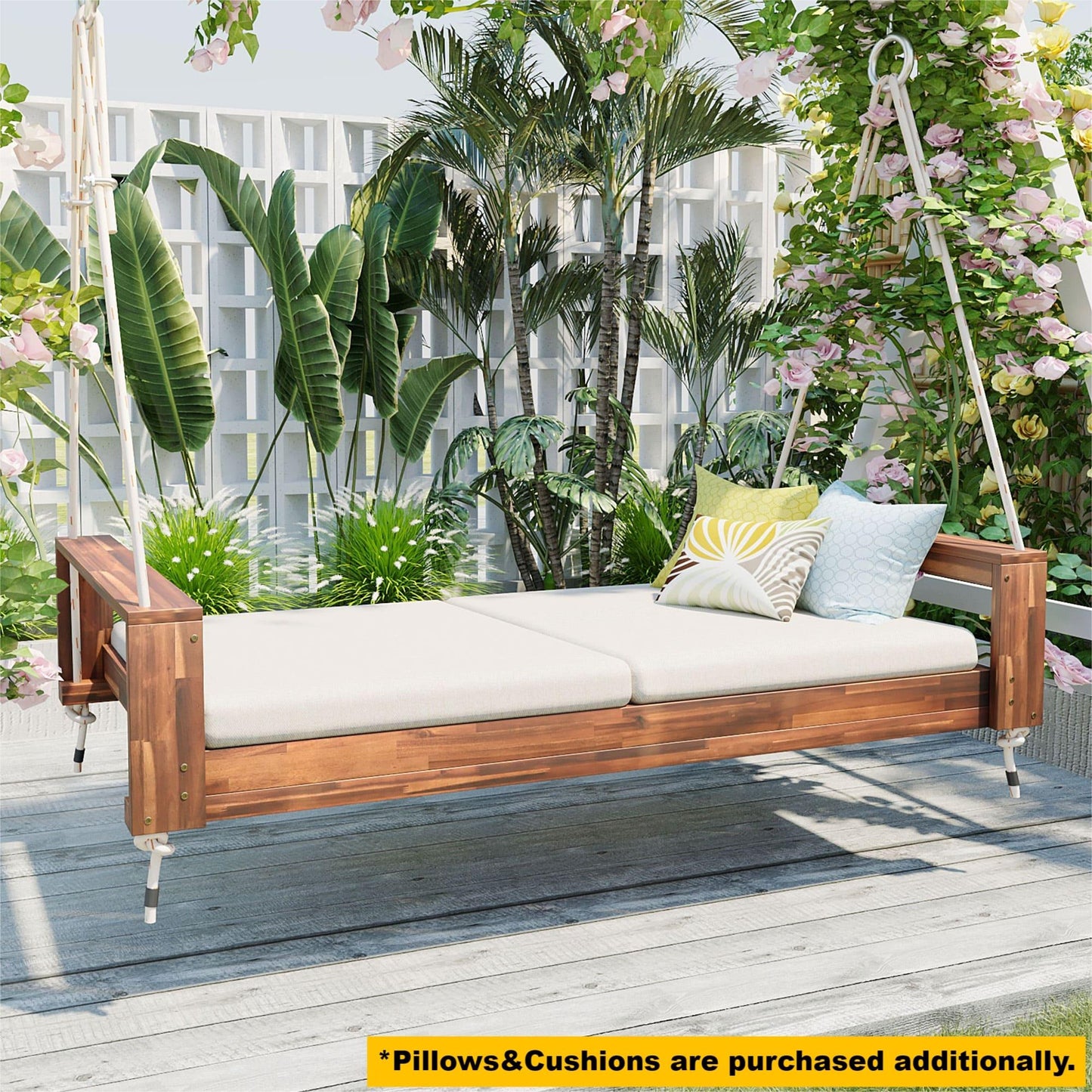 TOPMAX Twin Size Porch Swing Bed Seating Group, Patio Acacia Wood Swing Frame with Hemp Ropes for Garden, Backyard, Natural