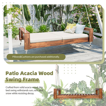 TOPMAX Twin Size Porch Swing Bed Seating Group, Patio Acacia Wood Swing Frame with Hemp Ropes for Garden, Backyard, Natural