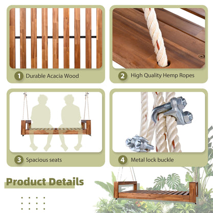 TOPMAX Twin Size Porch Swing Bed Seating Group, Patio Acacia Wood Swing Frame with Hemp Ropes for Garden, Backyard, Natural