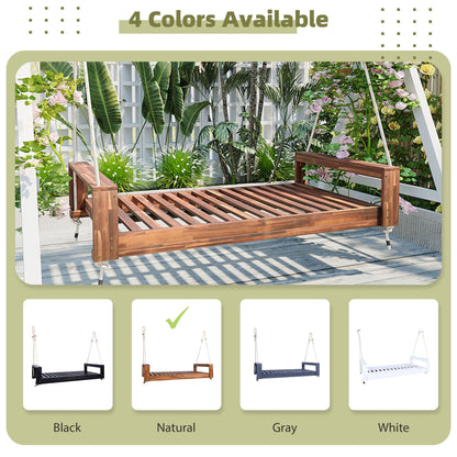 TOPMAX Twin Size Porch Swing Bed Seating Group, Patio Acacia Wood Swing Frame with Hemp Ropes for Garden, Backyard, Natural