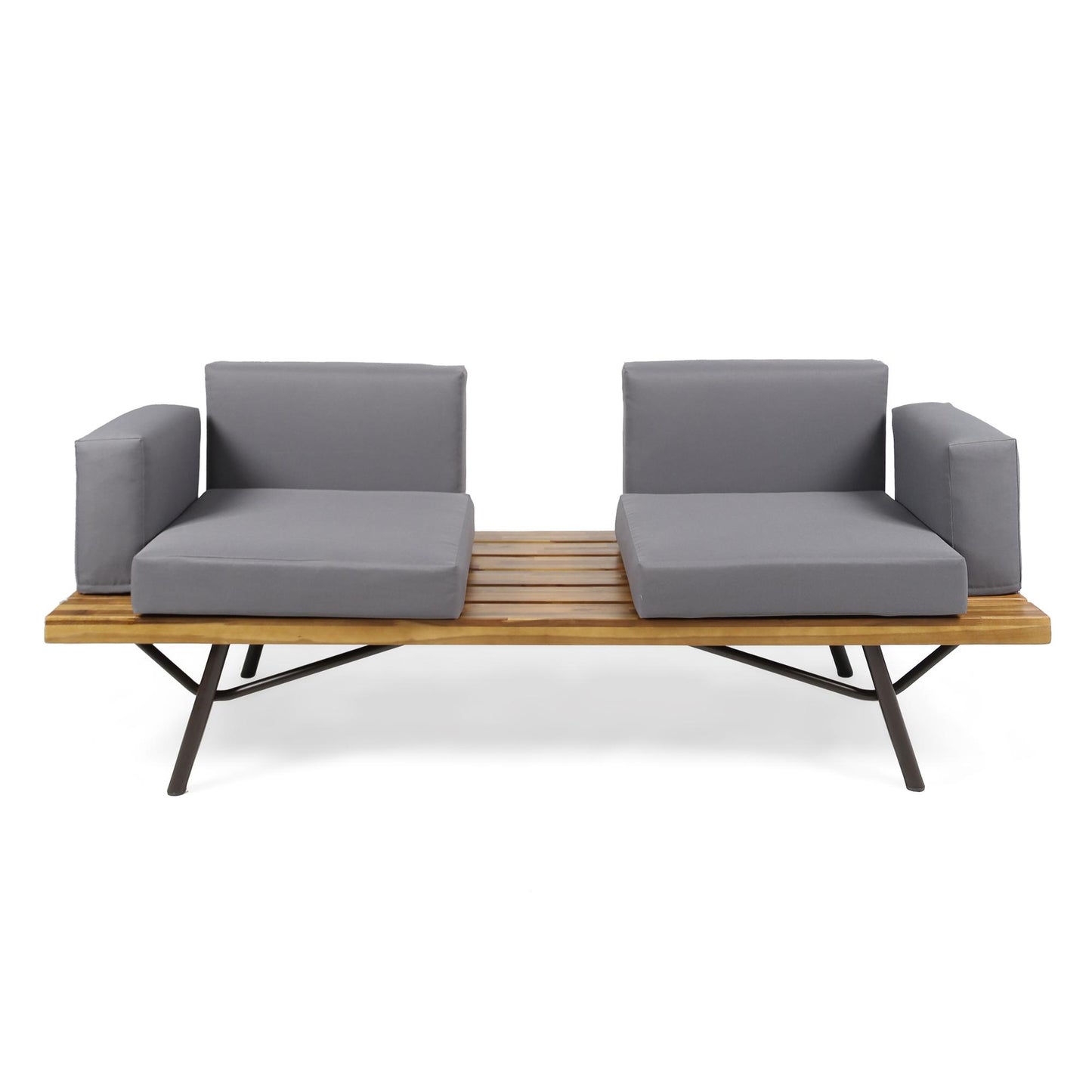 Outdoor Acacia Wood 2 Seater Sofa with Metal Legs for Garden Patio