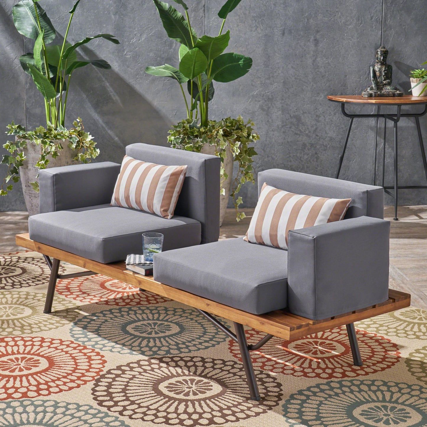 Outdoor Acacia Wood 2 Seater Sofa with Metal Legs for Garden Patio