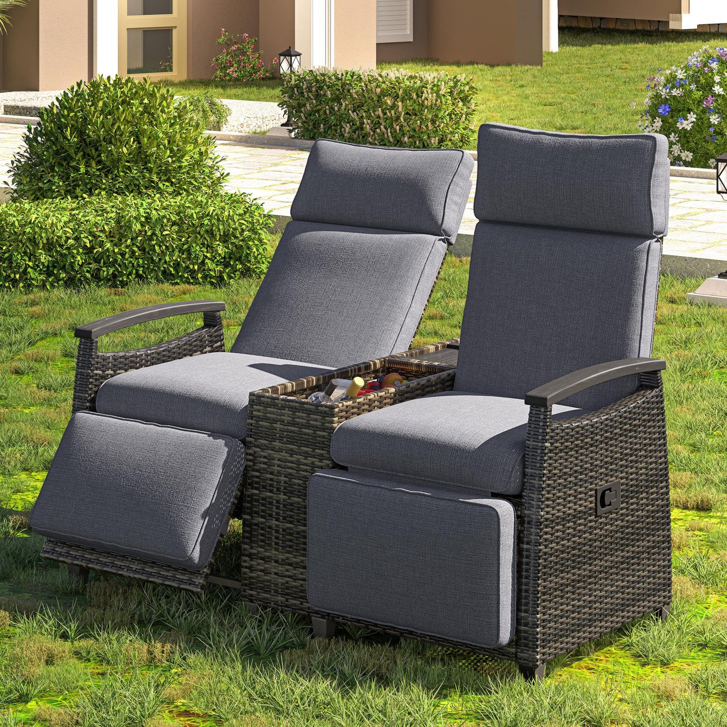 GO Patio Recliner Loveseat Chair, Adjustable Backrest Wicker Outdoor Lounge Chair Set with Acacia Wood Armrests and Built-in Storage Table for Balcony, Porch, Lawn, Gray