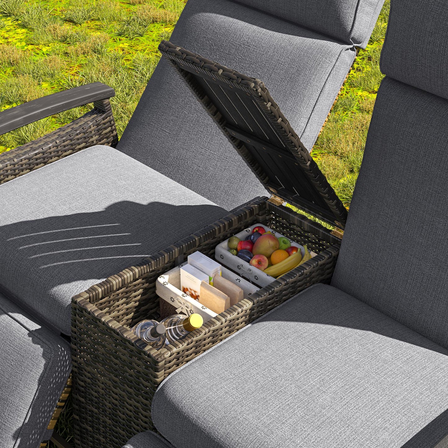GO Patio Recliner Loveseat Chair, Adjustable Backrest Wicker Outdoor Lounge Chair Set with Acacia Wood Armrests and Built-in Storage Table for Balcony, Porch, Lawn, Gray