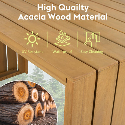 5 Piece Outdoor Bar Set, Patio Acacia Wood Bar Height Table & Four Stools with Cushions, Wood Dining Bar Set for Backyard, Poolside, Balcony, Beige